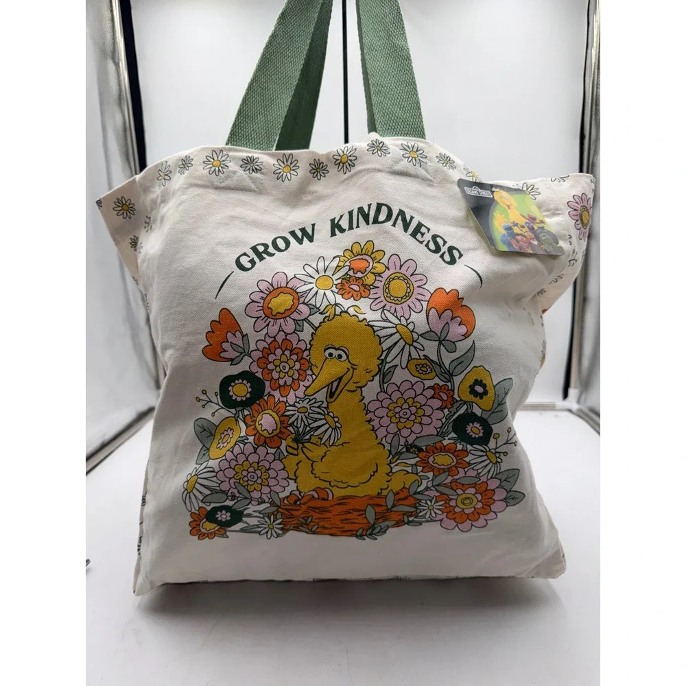 Sesame Street Big Bird Grow Kindness Canvas Tote Bag Floral Cream Green NWT